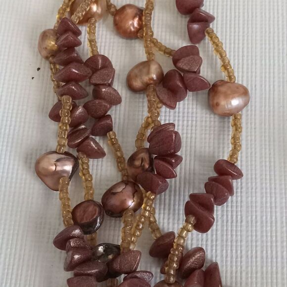 Shades of Brown Plastic & Seed Beaded Multiple Strand Layered Statement Necklace - Picture 6 of 12